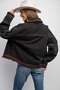 Embroidered Black Wash Cotton Jacket