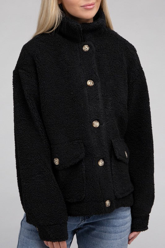 Black Cozy Sherpa Button-Front Jacket