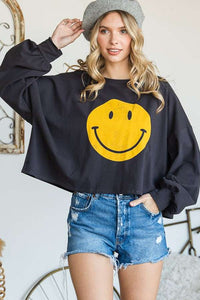 Smiley Face Mocha Long Sleeve Crop Top