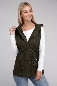 Black Drawstring Waist Military Style Hoodie Vest