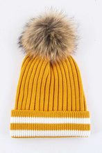 Load image into Gallery viewer, Raccoon Fur PomPom Stripe Hem Beanie