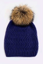 Load image into Gallery viewer, Raccoon Fur PomPom Chevron Knit Beanie