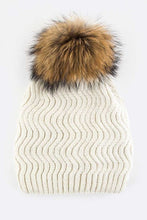 Load image into Gallery viewer, Raccoon Fur PomPom Chevron Knit Beanie