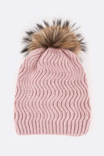 Load image into Gallery viewer, Raccoon Fur PomPom Chevron Knit Beanie