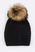 Load image into Gallery viewer, Raccoon Fur PomPom Chevron Knit Beanie