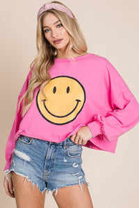 Smiley Face Mocha Long Sleeve Crop Top