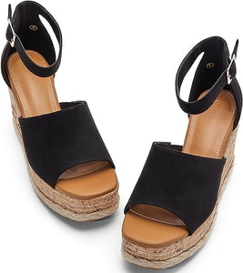 Summer Black Ankle Strap Cork Sole Wedge Sandals