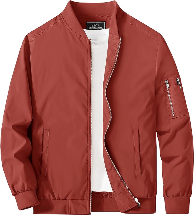 Men's Orange Red Windproof Long Sleeve Zip Up Bomber Jacket