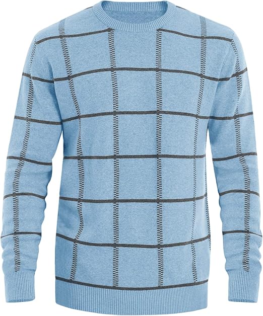 Men's Knitted Checkered Long Sleeve Light Blue Sweater