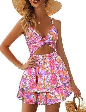 Ruffled Cut Out Pink Floral Sleeveless Shorts Romper