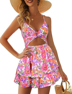 Ruffled Cut Out Pink Sleeveless Shorts Romper
