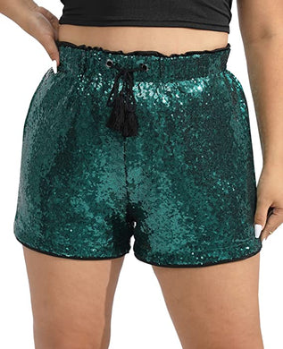 High Waist Hunter Green Sequin Drawstring Stretch Glitter Shorts