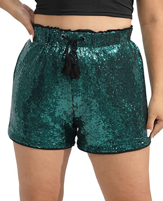 High Waist Hunter Green Sequin Drawstring Stretch Glitter Shorts