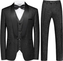 Load image into Gallery viewer, Men&#39;s Black/Silver Tuxedo Shawl Collar Paisely 3pc Formal Suit