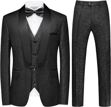 Men's Black Tuxedo Shawl Collar Paisely 3pc Formal Suit