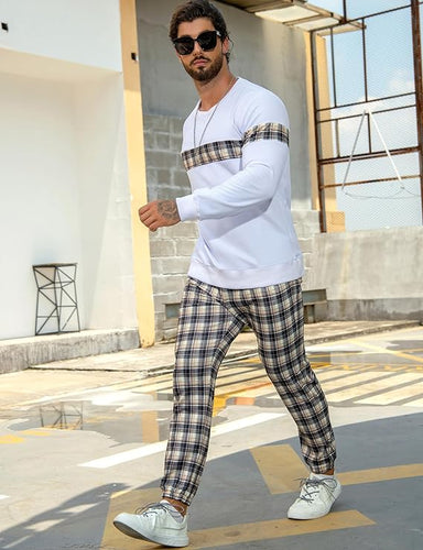 Men's White Plaid Sweatsuit and Pants Jogger Set