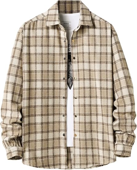 Men's Cotton Light Khaki Plaid Flannel Long Sleeve Shirt