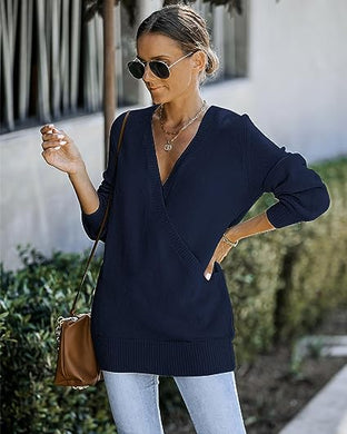 Chic Loose Fit Dark Blue Long Sleeve Wrap Sweater