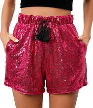 Load image into Gallery viewer, High Waist Rose Pink Sequin Drawstring Stretch Glitter Shorts
