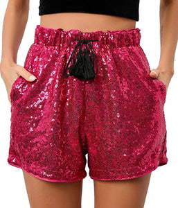 High Waist Rose Pink Sequin Drawstring Stretch Glitter Shorts
