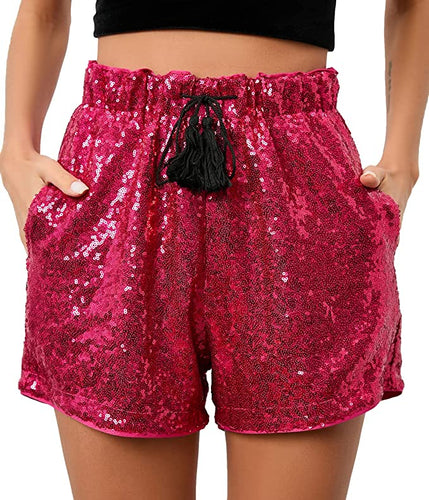 High Waist Red Sequin Drawstring Stretch Glitter Shorts