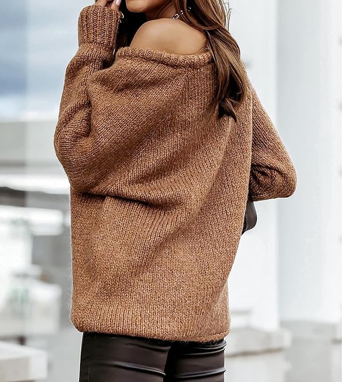 Brown Slouchy Knit Long Sleeve Oversized Winter Sweater