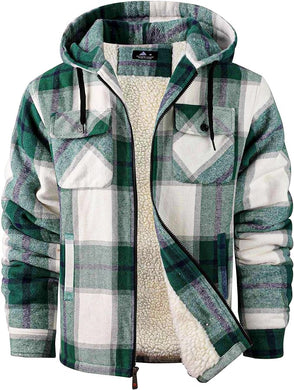 Men's Sherpa Green/White Lined Zip Up Hooded Long Sleeve Jacket