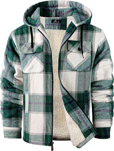 Men's Sherpa Green/White Lined Zip Up Hooded Long Sleeve Jacket