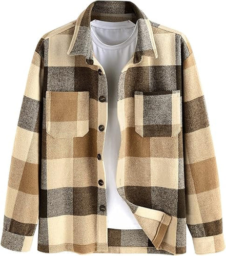 Men's Plaid Button Flannel Coffee Long Sleeve Shacket