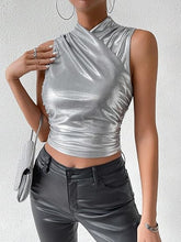 Load image into Gallery viewer, Silver Metallic Cross Draped Sleeveless Top