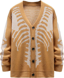 Men's Beige Skeleton Print Knit Button Cardigan Sweater