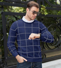 Load image into Gallery viewer, Men&#39;s Knitted Checkered Long Sleeve Light Blue Sweater