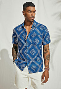 Men's Printed Button Up Short Sleeve Summer Royal Blue Shirt