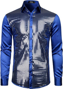 Men's Blue Metallic Long Sleeve Shiny Disco Shirt