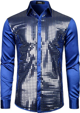 Men's Blue/Silver Metallic Long Sleeve Shiny Disco Shirt