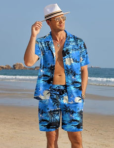 Men's Black/White Print Summer Button Up Shorts & Shirt Set