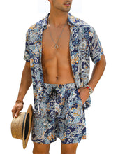 Load image into Gallery viewer, Casual Men&#39;s Blue Vacation Style Shirt &amp; Shorts Set