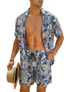 Casual Men's Blue Vacation Style Shirt & Shorts Set