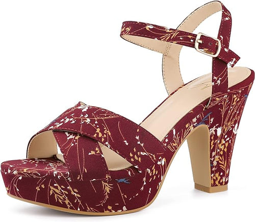 Burgundy Red Floral Platform Heel Sling Back Sandals