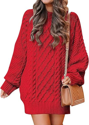 Red Long Sleeve Oversized Loose Pullover Sweater Dress