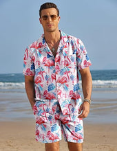 Load image into Gallery viewer, Men&#39;s Black/White Print Summer Button Up Shorts &amp; Shirt Set