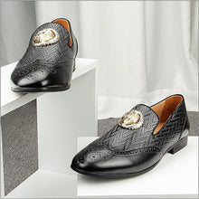 Load image into Gallery viewer, Men&#39;s Leather Black Chevron Gold Emblem Loafer Dress Shoes
