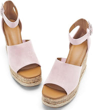 Load image into Gallery viewer, Summer Beige Ankle Strap Cork Sole Wedge Sandals