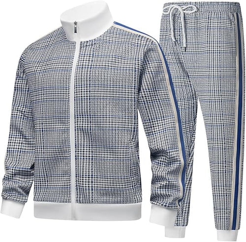 Men's Blue Casual Plaid Jogging Sweatsuit/Tracksuit