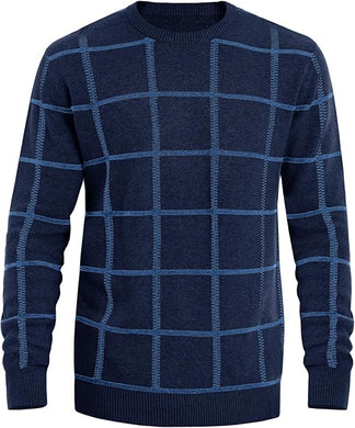 Men's Knitted Checkered Long Sleeve Navy Sweater