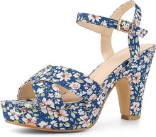 Load image into Gallery viewer, Blue Floral Platform Heel Sling Back Sandals