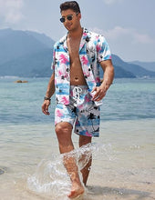 Load image into Gallery viewer, Men&#39;s Black/White Print Summer Button Up Shorts &amp; Shirt Set