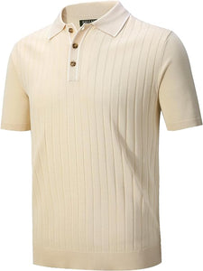 Men's Knit Collar Short Sleeve Striped Beige Shirt