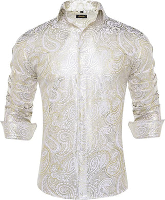 Men's Luxury Champagne Silk Printed & Black Paisley Long Sleeve Shirt