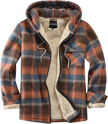 Men's Hooded Plaid Orange Flannel Jacket